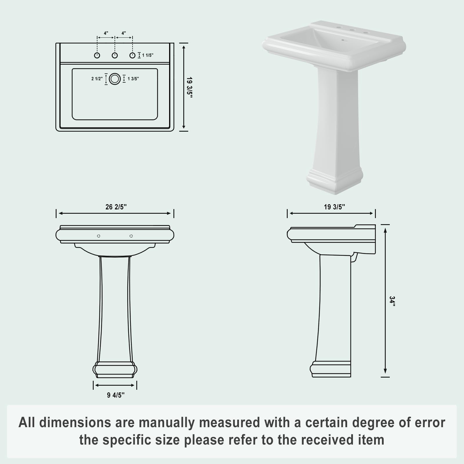 Pedestal Sinks, Ceramic Sink for Bathroom, Rectangular Shape, Space-Saving, Overflow & Single Faucet Hole