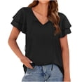 thumbnail image 2 of Summer Saving Wycnly Womens Tops Plain Short Sleeve V-Neck Tee Shirts Summer Casual Solid Ruffle Sleeve Loose Fit Blouse with Tie Black L Clearance Clothes, 2 of 7