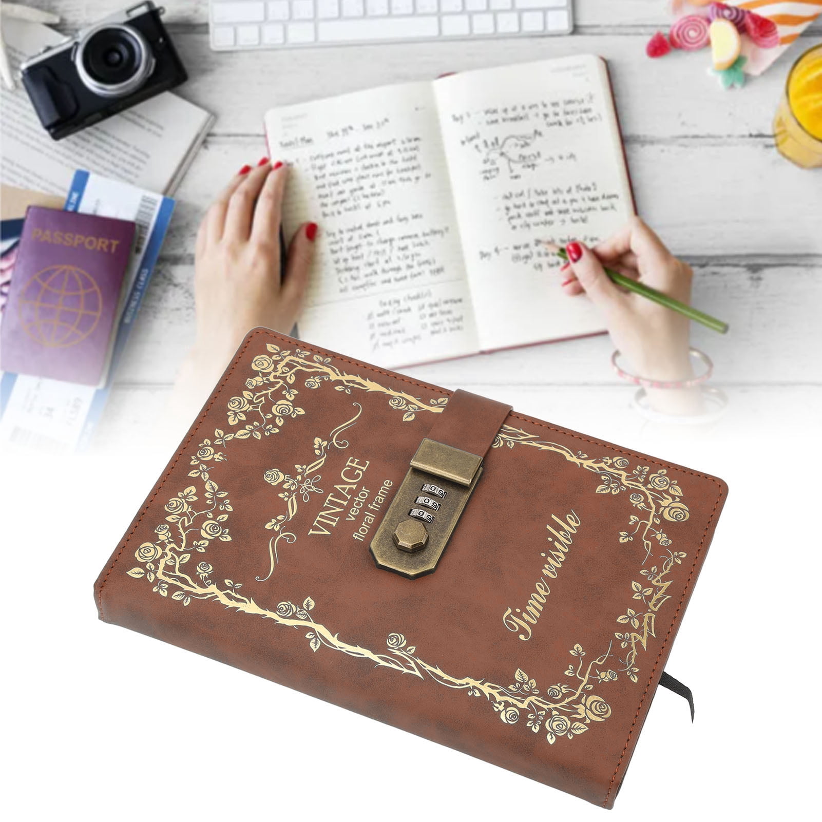 Nieyigj Exquisite Password Book, Vintage Style Lock Diary for Writing, Coffee Brown, 8.66 inches / 22 cm