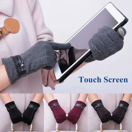 Akoyovwerve Women's Gloves, Winter Windproof Touchscreen Gloves Thickened Leather Driving Gloves with Bowknots for Smart Phone & (Best Leather Touchscreen Gloves)