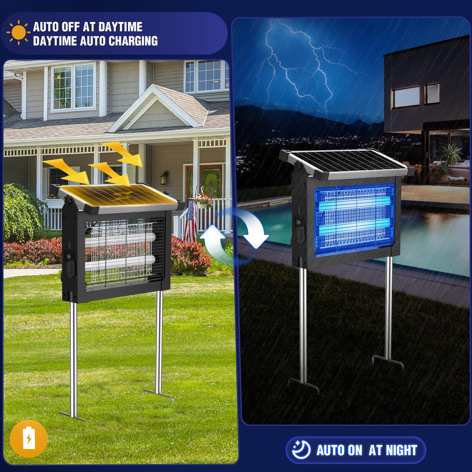 Solar Zapper Outdoor  4500v Mosquito Waterproof With Panel Sensor Electric Fly Rechargeable Killer 10ft Extension Cord Ideal For Patio Backyard Camping