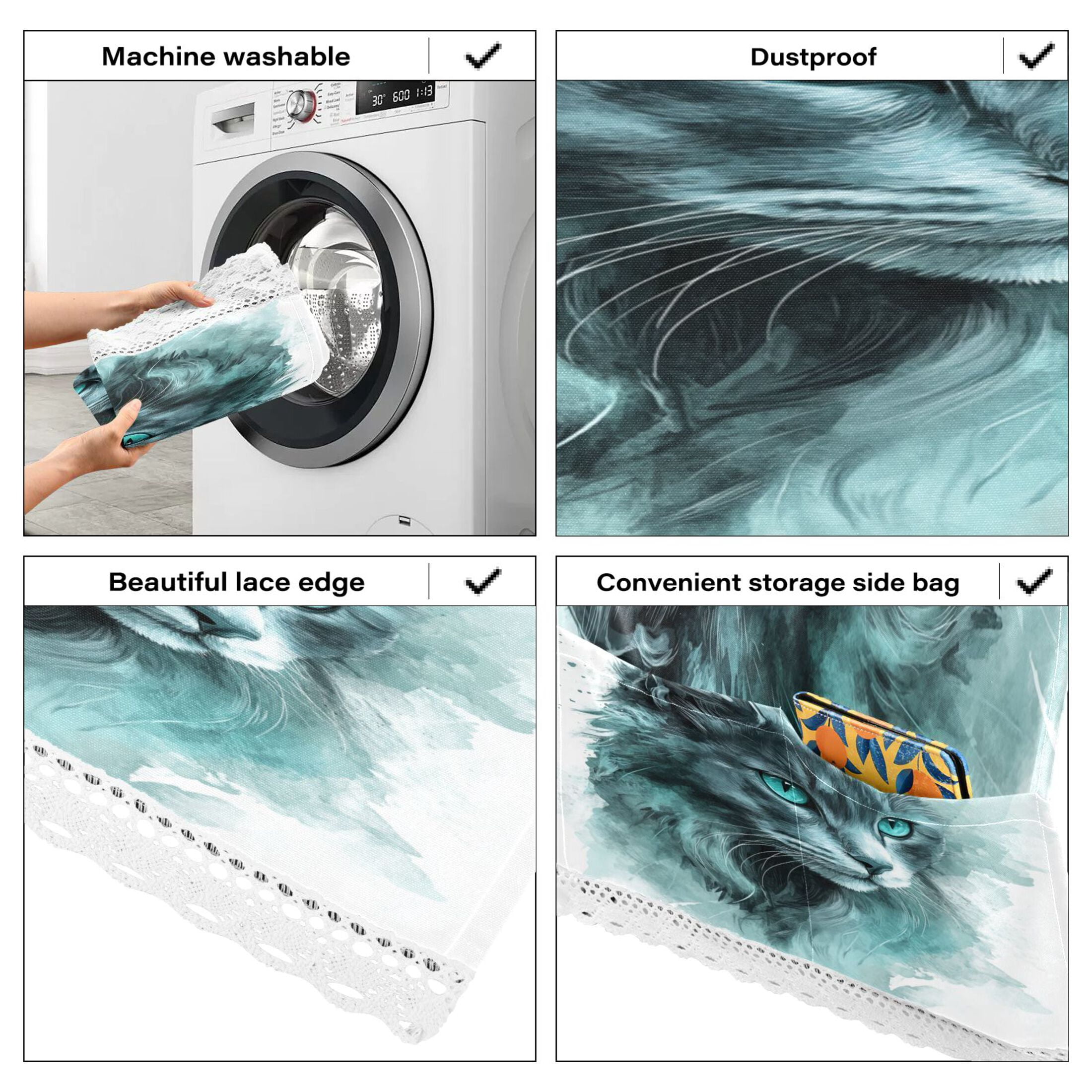 A Grey Cool CatWasher and Dryer Covers Dust-Proof and Oil Resistant Fridge Cover with 4 Storage Pockets Washing Machine Top Cover for Laundry Kitchen Home 51.2 x 22 In