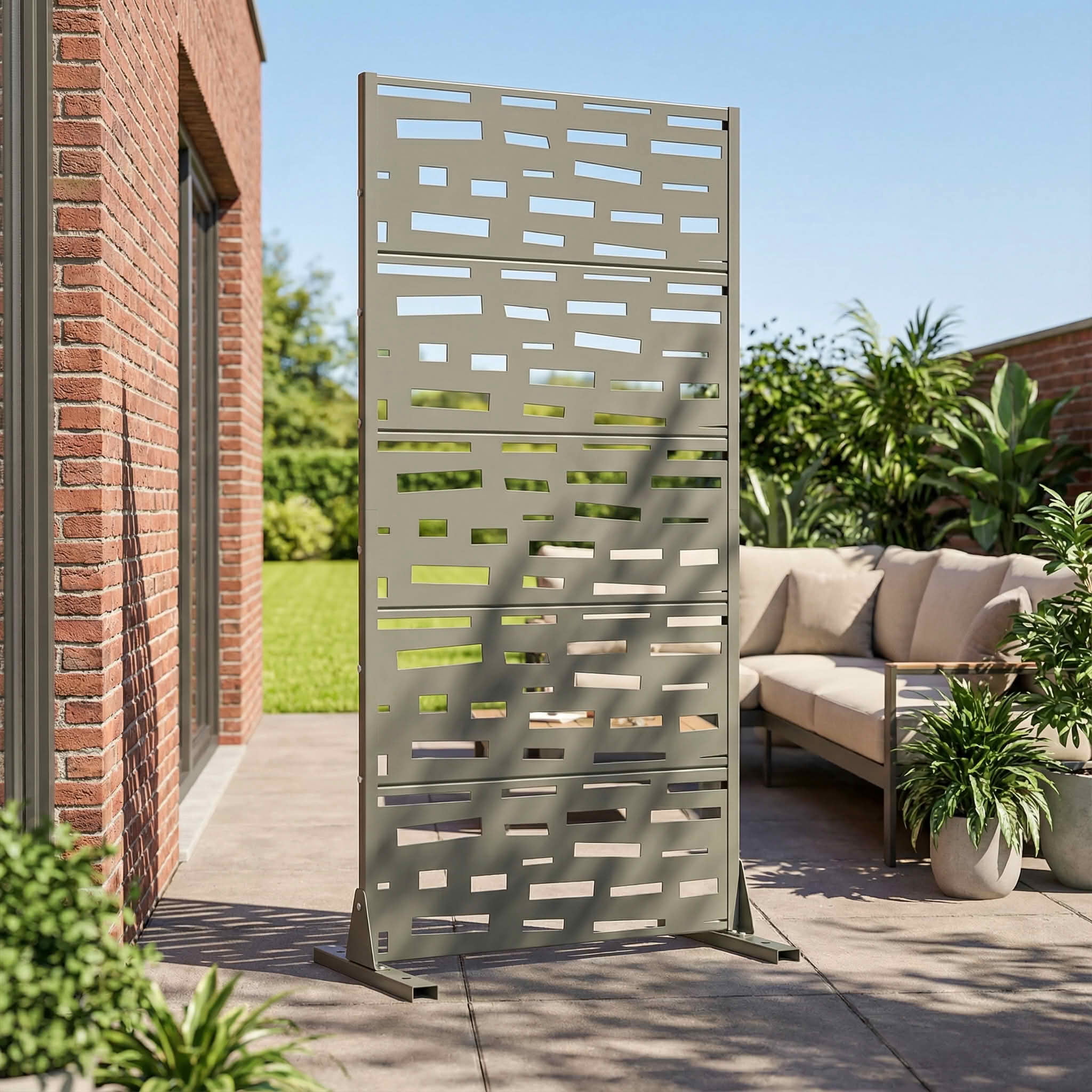MAYEERTY 59X30" Metal Outdoor Olive Gray Privacy Screen for Backyard & Garden, 5 Piece Set