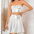 thumbnail image 6 of Women's Two Piece Set Shiny Metallic Skirt And Bandeau Top Strapless Crop Top Mini A-Line Pleated Skater Skirt Stretchy Outfit For Rave Music Festival Clubwear Performance, 6 of 8