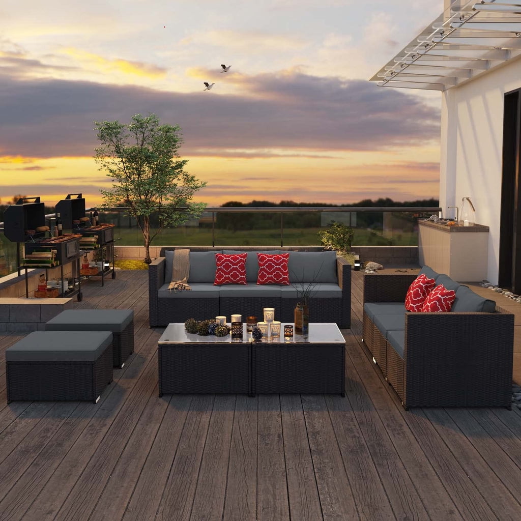 Patio Furniture Set, Aiho 5 Pieces Wicker Outdoor Sectional Sofa with Glass Coffee Table & Soft Cushions for Patio, Backyard, Gray