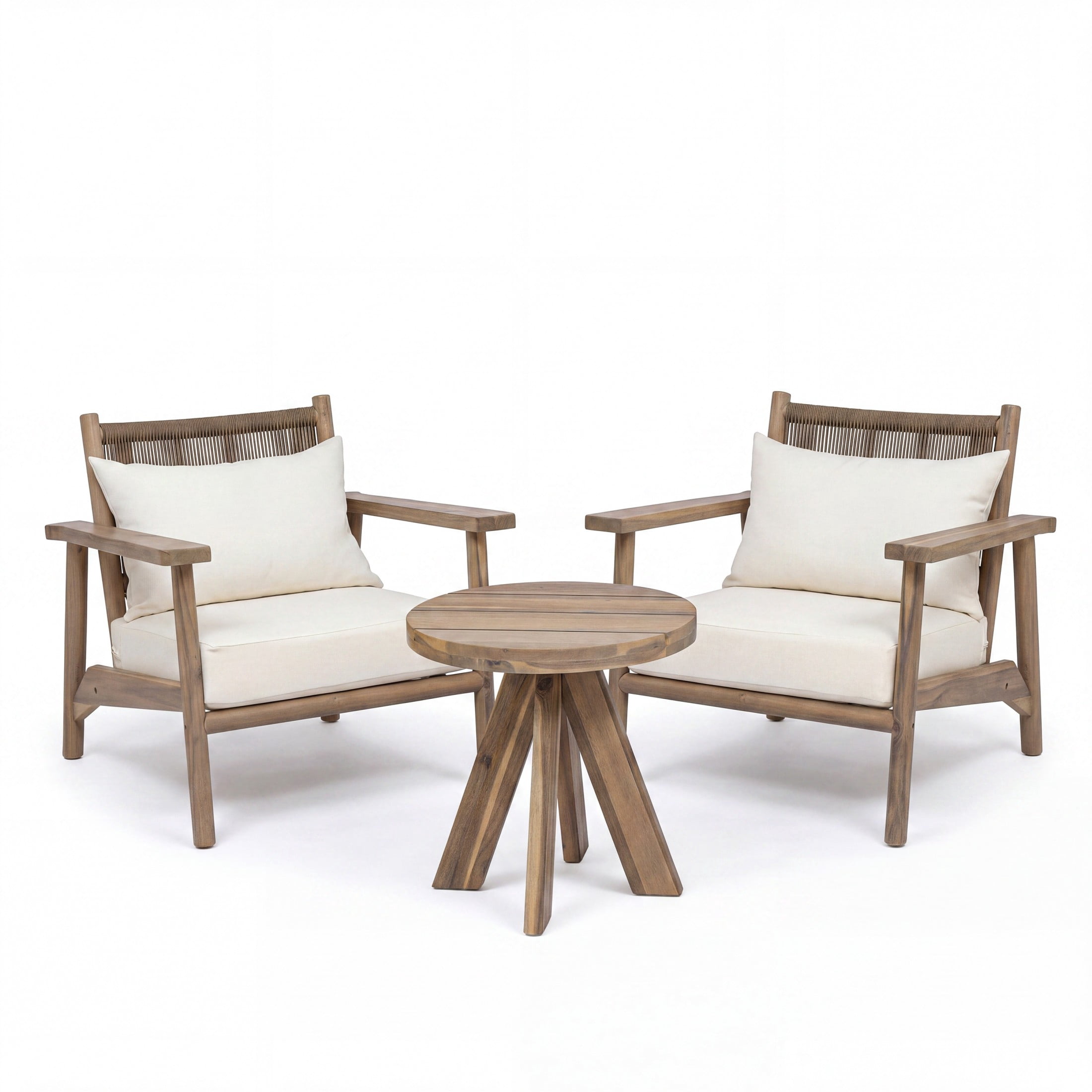 Christopher Knight Home 3-Piece Wood Outdoor Chat Set, Arm Chairs & Side Table, Beige Cushion, Warm Gray