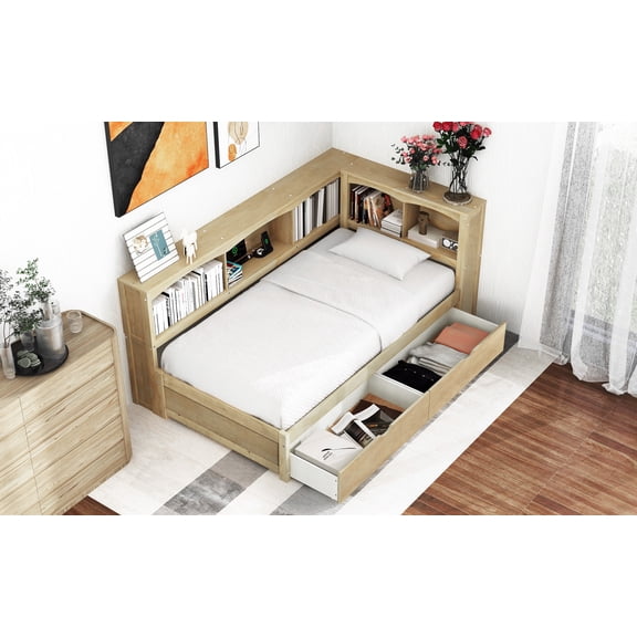 MAYEERTY Twin Size Daybed - Two Storage Drawers, Storage Cabinets & USB Ports, Natural Color