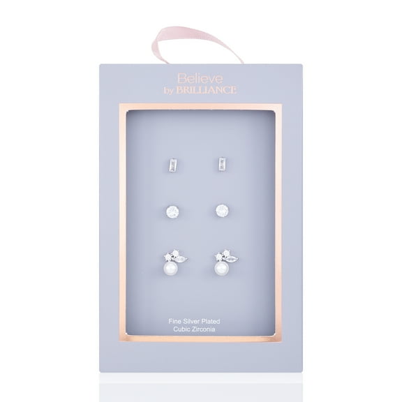 Believe by Brilliance Women's Fine Silver Plate Trio Stud Earring Set with Cubic Zirconia Stones