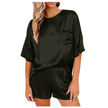 

DNDKILG Short Sleeve and Shorts Sets Nightwear Two-Piece Sleepwear for Women Satin Pajamas Set Pj Set Loungewear Black 4XL