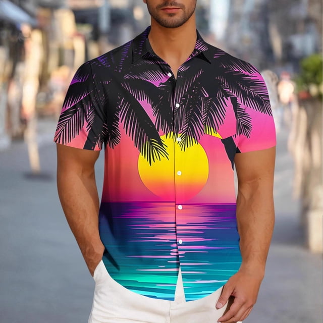 Blusa y camisa de manga corta con cuello vuelto para hombre, blusa informal de moda con cuello vuelto, blusa estampada de manga corta con botones, blusa de poliéster para hombre