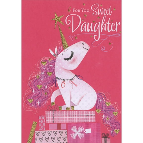Designer Greetings Small Unicorn with Flowing Purple Mane and Gold Foil Horn Juvenile Valentine's Day Card for Daughter