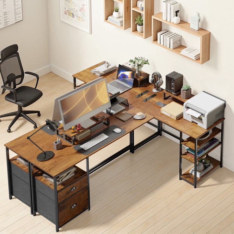 Homall 65.4" L-Shaped Desk with Power Outlets & USB, Corner Desk with 2 Drawers and 2 Monitor Stand, Brown