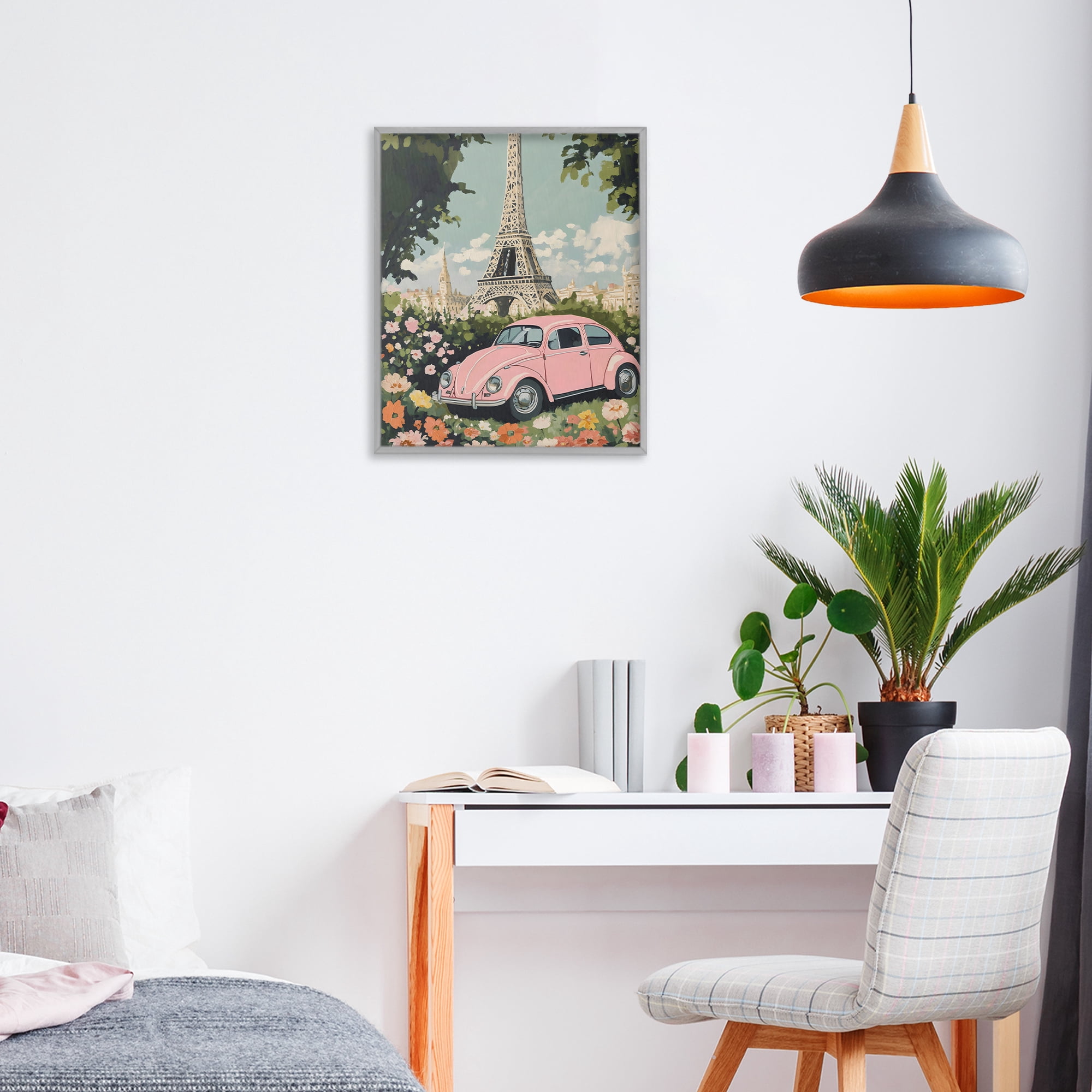 Stupell Industries Paris Pink Car in Bloom Gray Framed Giclee Art, design by The Prints Vibe