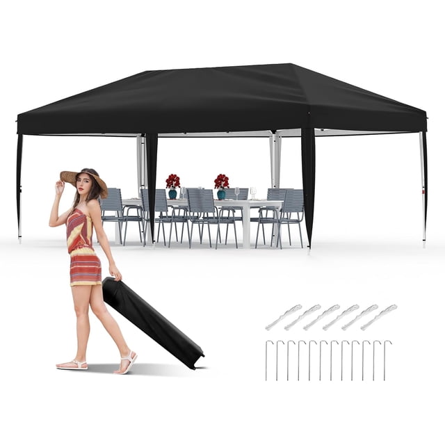 Carpa Plegable Pop-Up de 10x20 pies, Tienda de Camping Fácil con Bolsa para Transporte, 3 Alturas Ajustables, 4 Bolsas de Peso para Jardín, Terraza, Playa y Fiesta, Negra