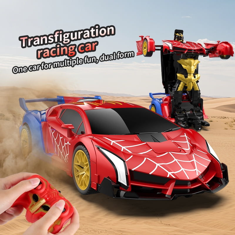 Remote Control Transforming Car Robot Toy, 1:18 Scale 2.4GHz RC Stunt Car with One-Button Transform, Lights, Rechargeable Battery