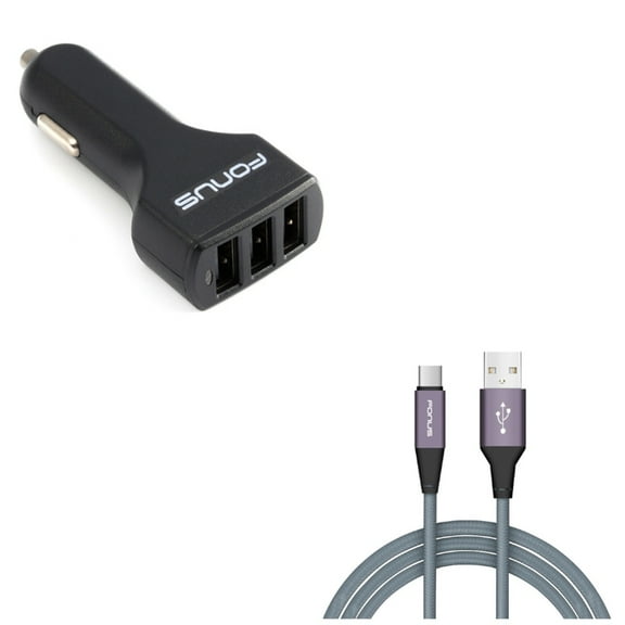 3-Port USB 36W Car Charger w Charger Cord Type-C 10ft USB Cable V7Y for Acer Liquid Jade Primo - Alcatel PulseMix, 7, Idol 5S 5 4S - ASUS Zenfone V Live, ROG Phone, AR 6 5z 4 Pro