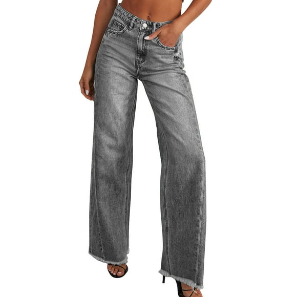 LLYwey Deals Flare Yoga Pants for Women Ladies New Fashionable and Casual Solid Color High Waistband Pocket Comfortable Straight Leg Wide Leg Mop Jeans New Full Length Pants Regular Fitted Gray XXL