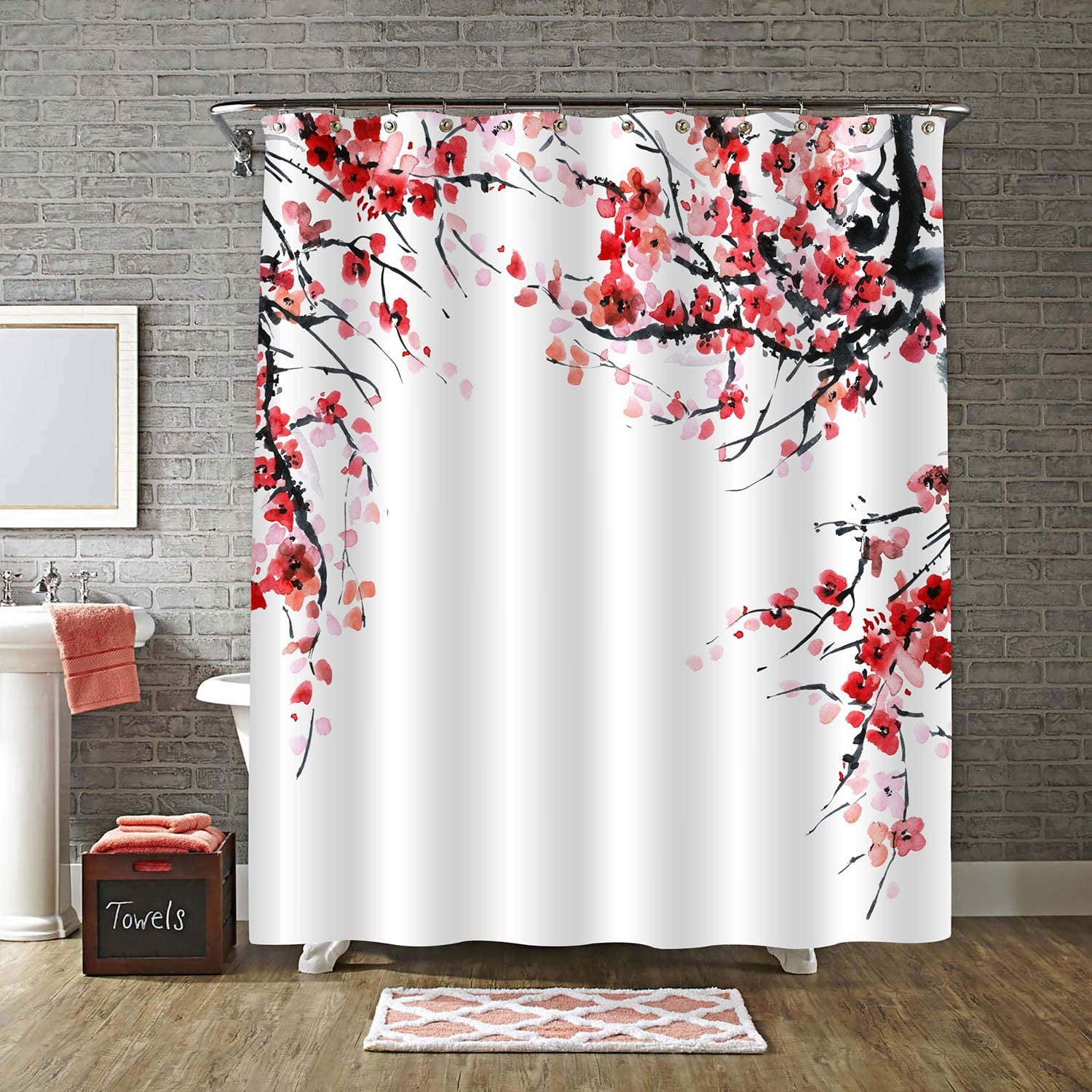 Asian Art Chinese Painting Plum Blossom Fabric Shower Curtain Set 72" 