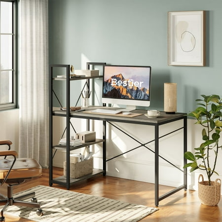 Bestier 47'' Reversible Computer Desk for Home Office Sturdy Workstation with 4-Tier Shelves, Retro Grey Oak-Dark