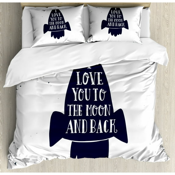 I Love You to the Moon and Back Duvet Cover Set Queen Size, Happy Space Travel Grunge Style Color Splashes, Decorative 3 Piece Bedding Set with 2 Pillow Shams, Dark Violet Blue White, by Ambesonne