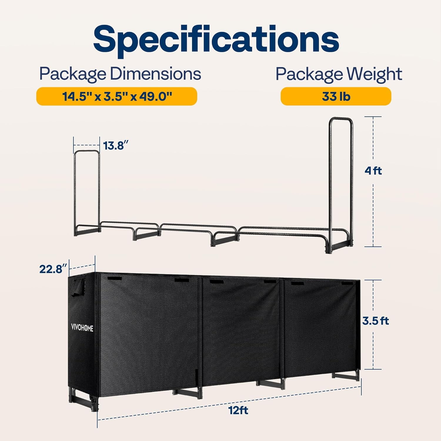 SPECSTAR 12 ft Heavy Duty Firewood Rack Outdoor with Cover, Fire Wood Storage Rack, Log Holder and Cover Combo Set with Zipper, Black