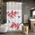thumbnail image 5 of Winter Floral No Hooks Shower Curtain with Snap-in Liner Watercolor Red Plum Blossoms Pair Bird Wood Grain Shower Curtains for Bathroom, Waterproof, Easy Install, Washable 36"x78", 5 of 9