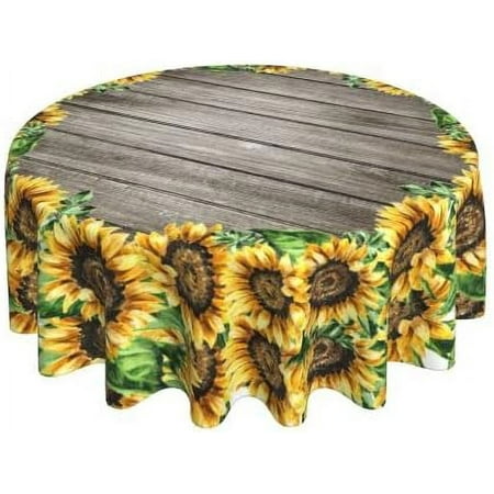 

Farmhouse Rustic Wooden Sunflower Rustic Countryside Waterproof Picnic Patio Party Round Table Cloth Cover Decorations Fabric 60 Inch Circular Tablecloth For 20-47 Inch Home Dining Room Kitchen