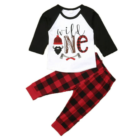 Babys Wild One First Birthday Outfits Long Sleeve T-shirt With Red Buffalo Plaid Pant 4-5 (Best Matching Shirts And Pants)