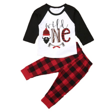 Babys Wild One First Birthday Outfits Long Sleeve T-shirt With Red Buffalo Plaid Pant 4-5