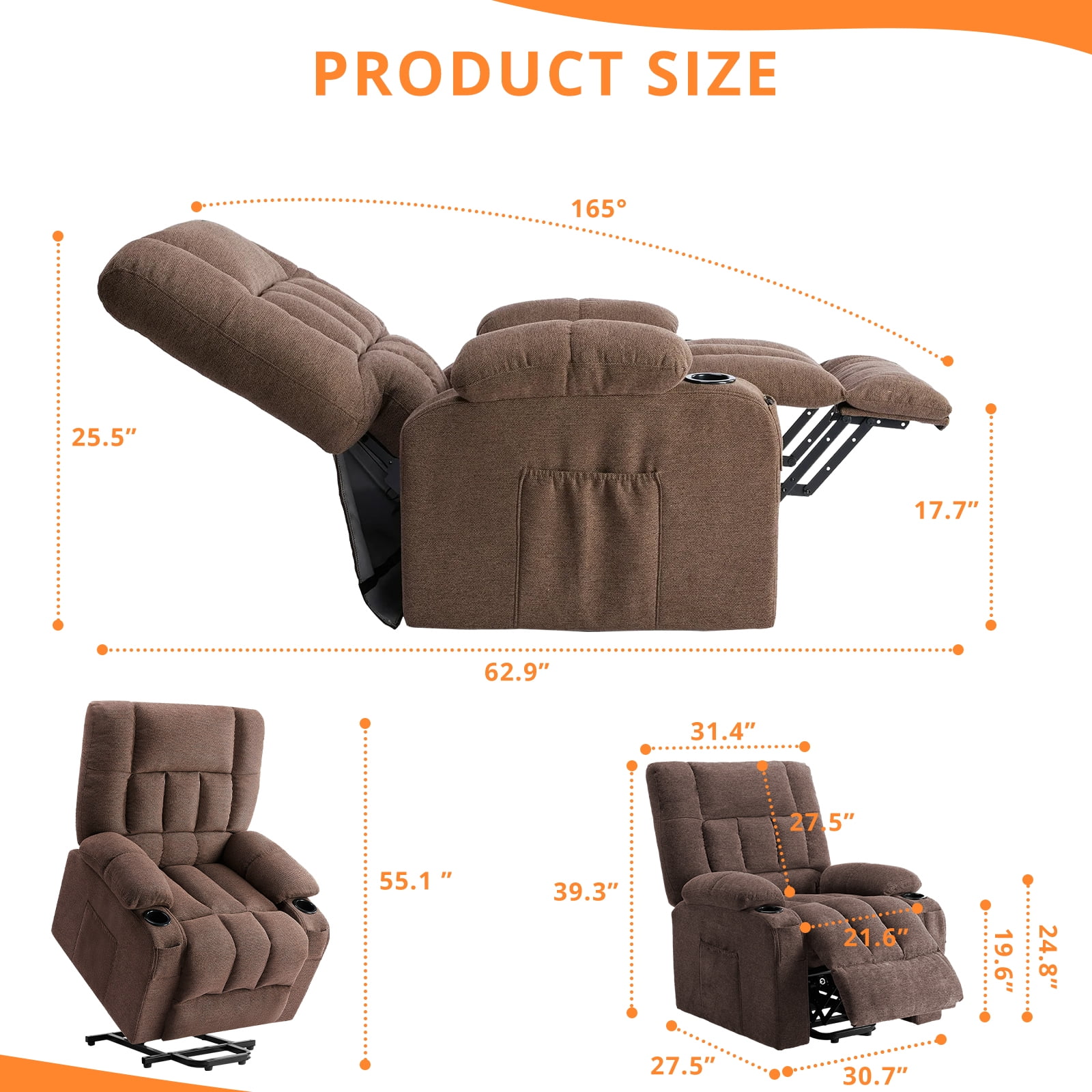 Oversized Recliners, 21.6"W Single Recliner Chair with Storage Bag, Modern Chair for Living Room, Bedroom, Beige