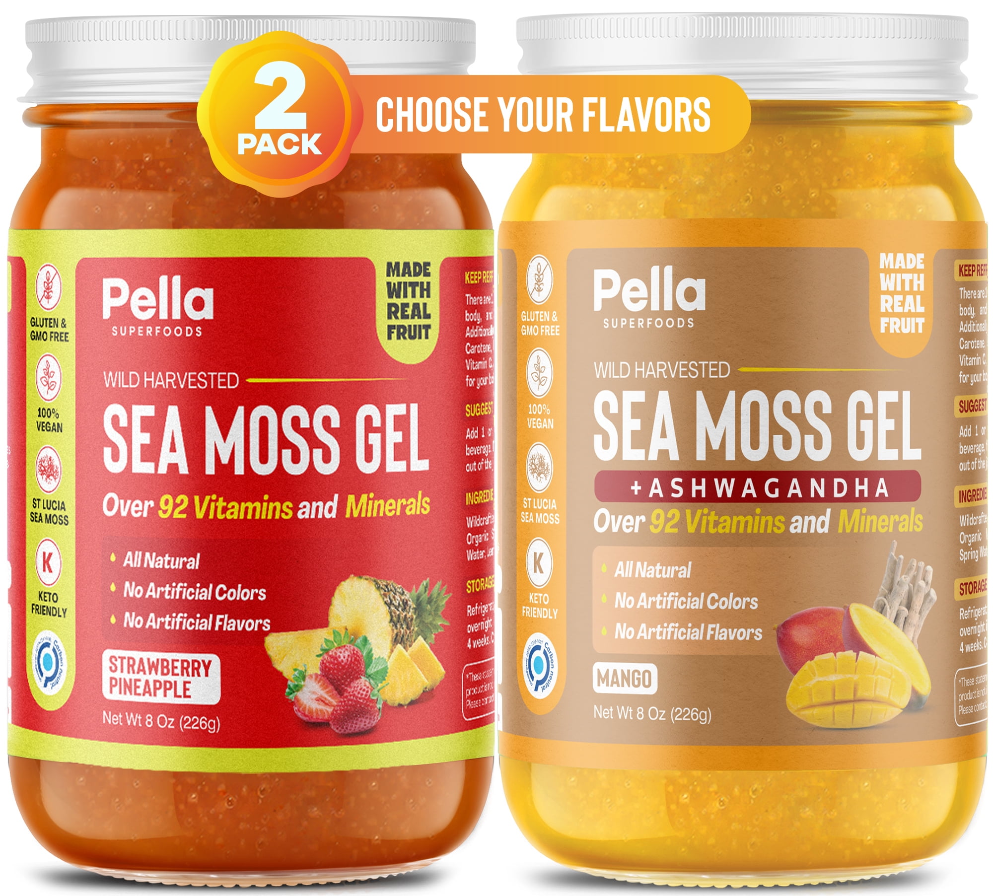 Pella Nutrition Sea Moss Gel, Ashwagandha Mango & Strawberry Pineapple