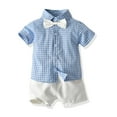 thumbnail image 5 of AJTQTH Boys Suit 2PC Set Toddler Kids Cute Plaid Printed Bowtie Classic Collar Short-Sleeved Shirts+Suspenders Solid Shorts with Pockets for Wedding Party Street Blue 18-24 Months, 5 of 8