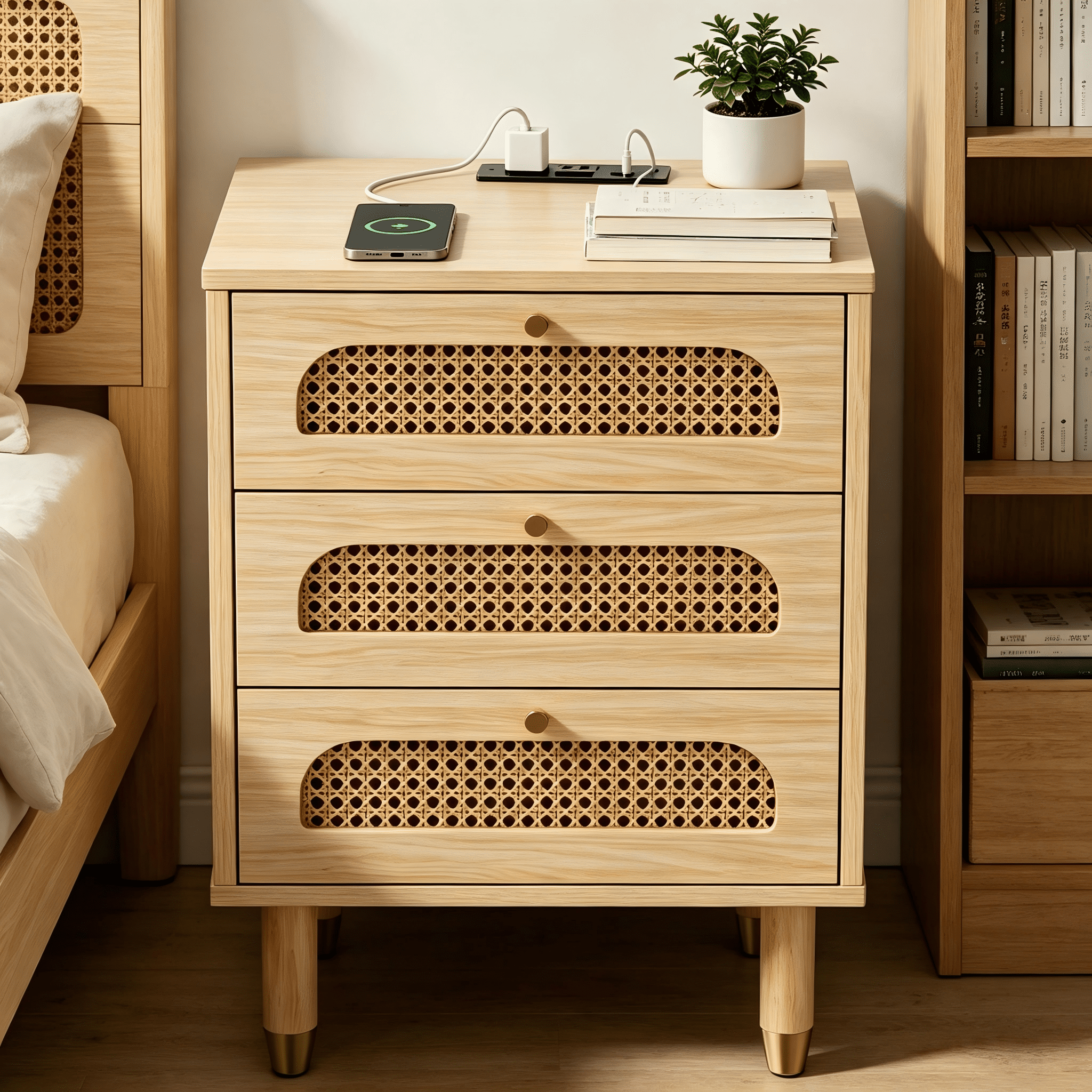 3-Drawer Rattan Nightstand, Bedside Table with Outlet & Dual USB Ports, Solid Wood Legs, Compact Storage Cabinet for Bedroom Living Room Office