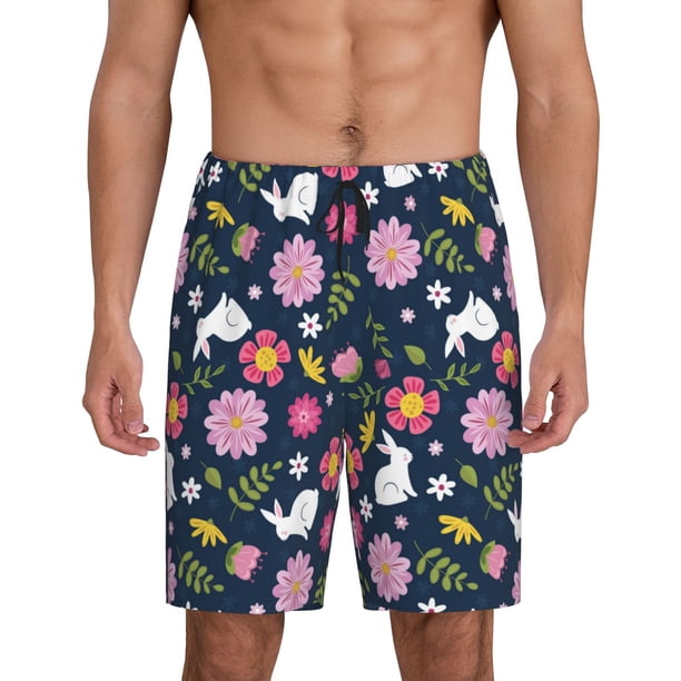 Fotbe Floral Rabbit Pantalones Cortos de Pijama para Hombre, Ropa de Dormir, Pantalones de Pijama Cortos para Hombre-Medium