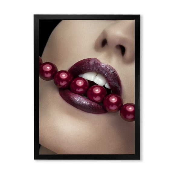 Designart 'Girl Bitting With Red Lips With Red Pearls' Modern Framed Art Print