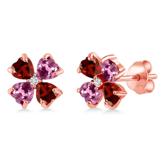 Gem Stone King 18K Rose Gold Plated Silver Red Garnet Pink Tourmaline and White Lab Grown Diamond Earrings for Women | 2.27 Cttw | Gemstone January Birthstone | Heart Shape 4MM