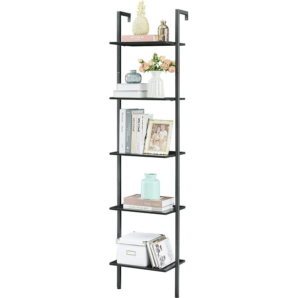 Industrial Bookcase, Ladder Shelf, 5Tier Wood Wall Mounted Bookshelf