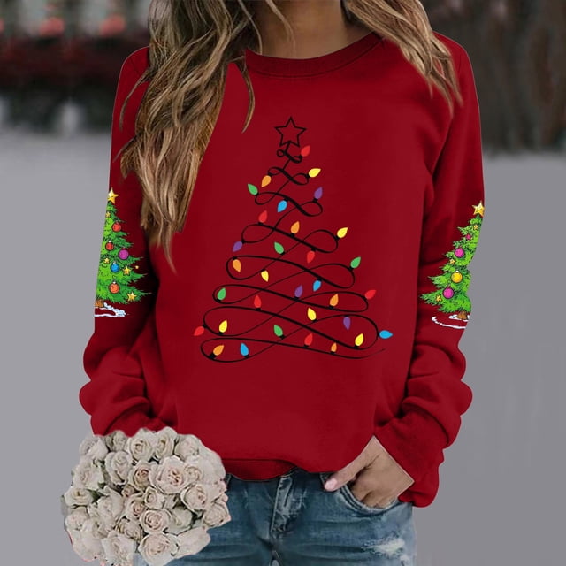 Chandails d'Automne Grande Taille pour Femmes Chandails de Noël pour Femmes Tête de Cerf Imprimée Col Rond Manches Longues Sweat à Capuche Amusant Rouge TG