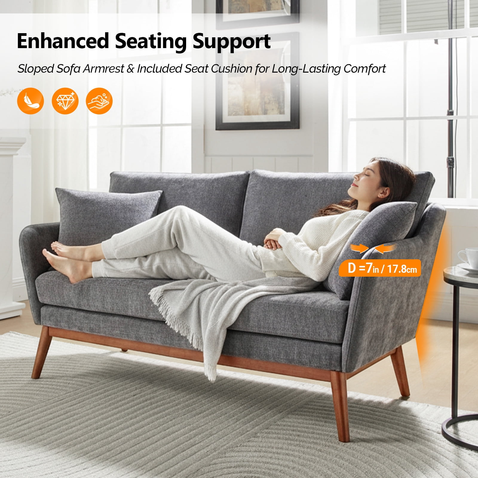 Ktaxon Mid-Century Modern Loveseat, Linen Blend 2-Seater Sofa, Solid Wood Frame Couch for Living Room, Apartment Gray