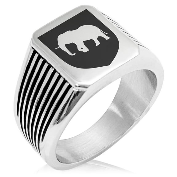Stainless Steel Elephant Strength Coat of Arms Shield Needle Stripe Pattern Biker Style Polished Ring