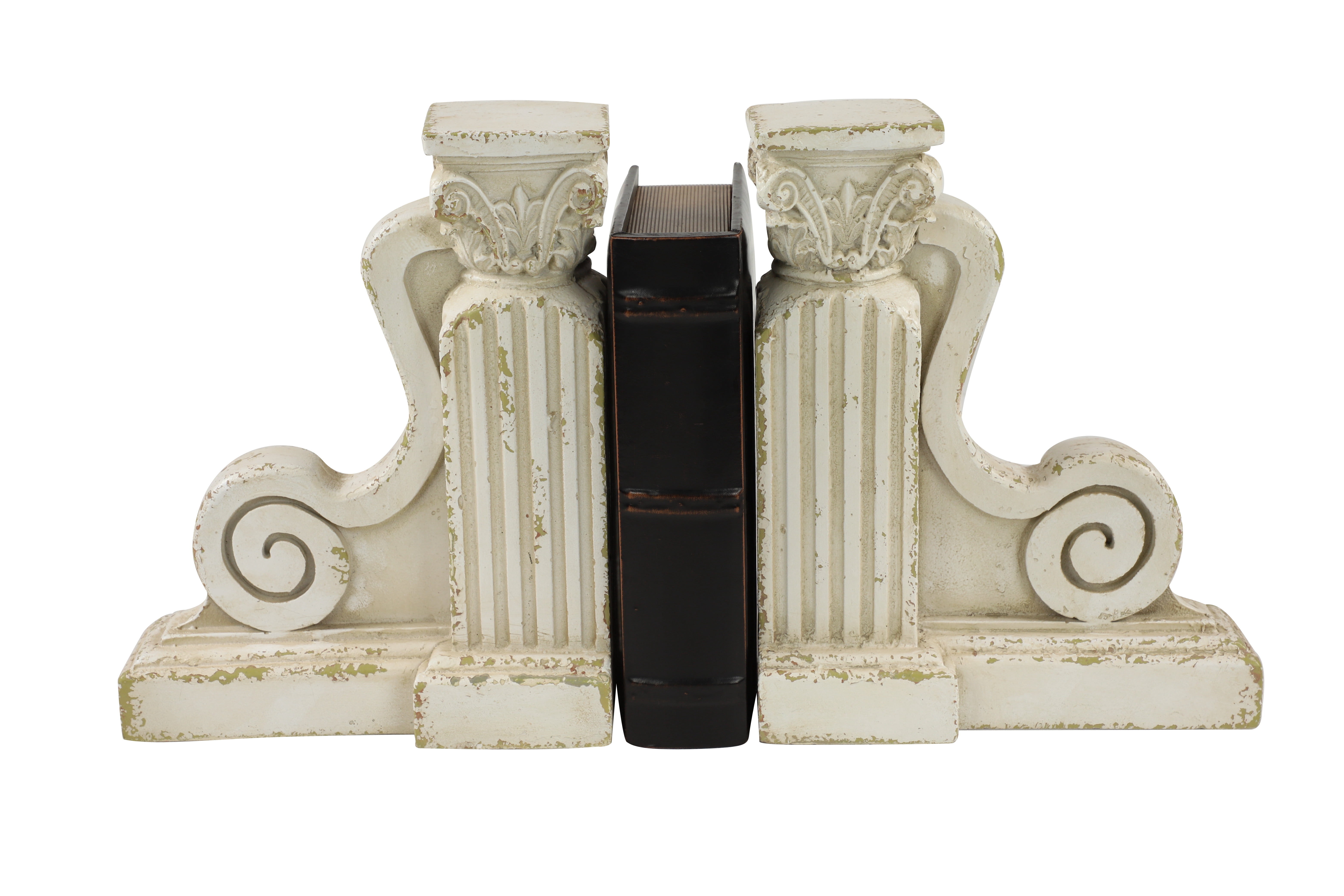 Decmode - 10” x 12” Large Distressed White Decorative Pillar Scroll Bookends