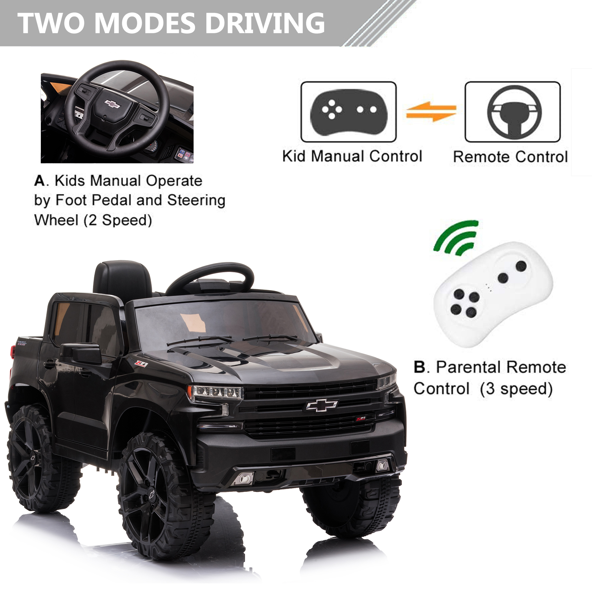 Official Licensed Chevrolet Ride On Car, 12V Ride-On Truck Toy for Kids, Electric 4 Wheels Kids Toy w/Parent Remote Control, Foot Pedal, MP3 Player, 2 Speeds, Ages 3-5 Years - image 2 of 9