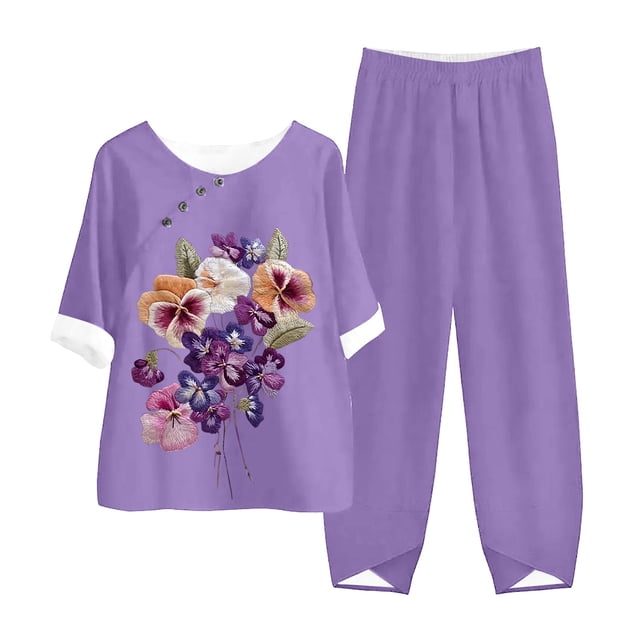 WILLBEST Pantalons pour Femmes et Lin Imprimé Fleur d'Almerz Décontracté Col Rond Manches Mi-Longues Pantalons Boutonnés Ensemble Deux Pièces Pantalons Décontractés pour Femmes