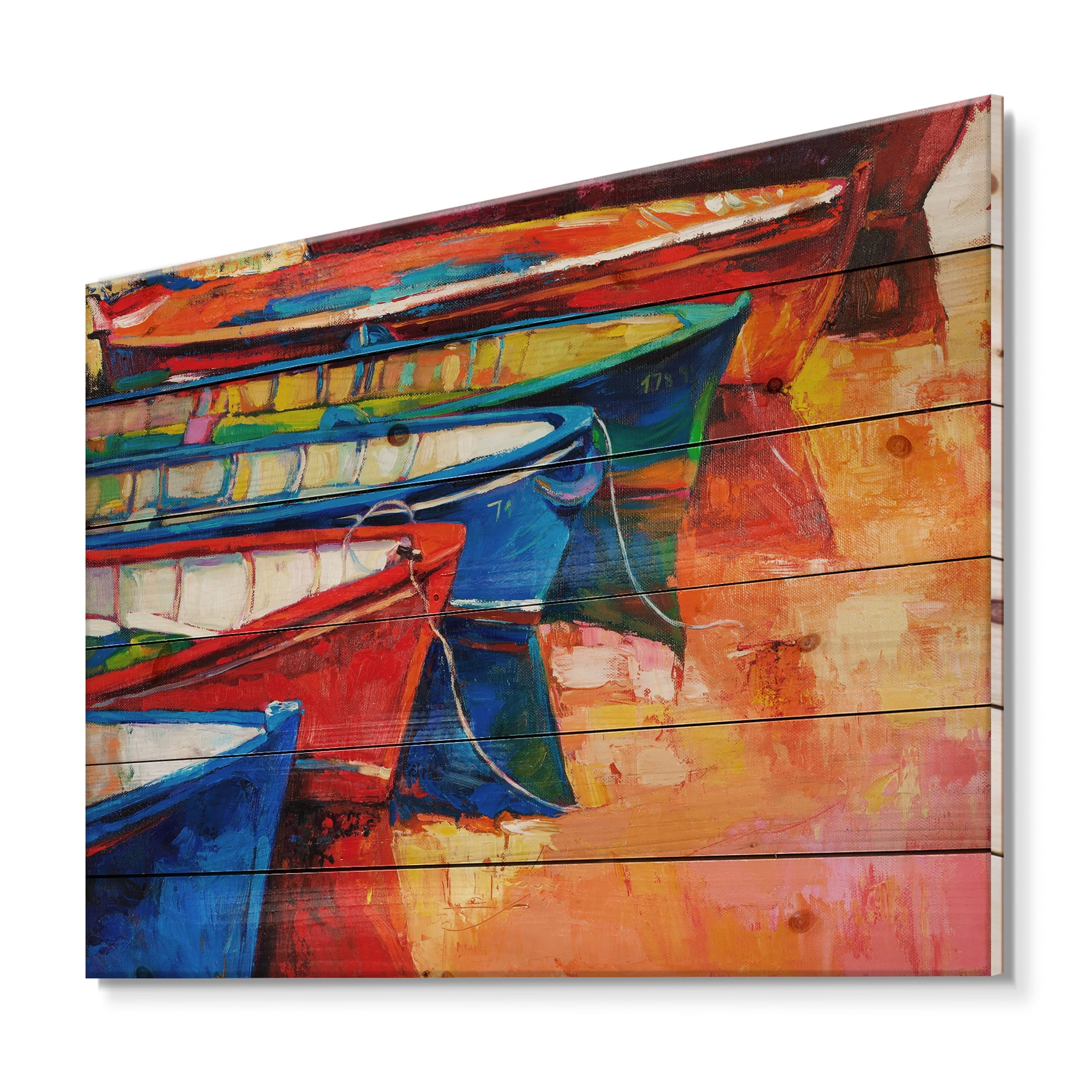Designart 'Boats During Warm Colourd Sunset In The Harbor II' Nautical & Coastal Print on Natural Pine Wood