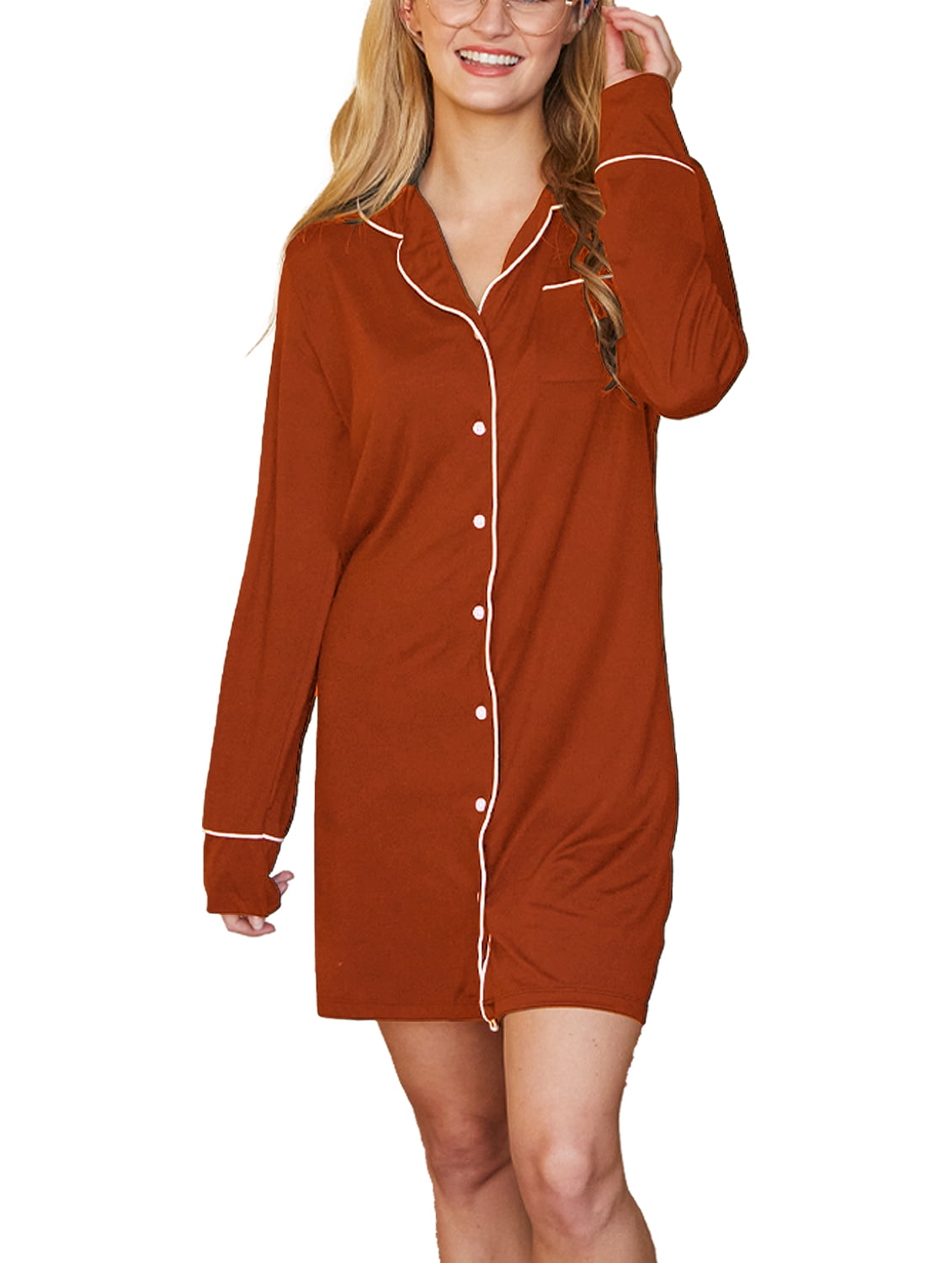 Women Nightshirt Long Sleeve Cotton Sleep Shirt Button Down Nightie Sleepwear M-XXL
