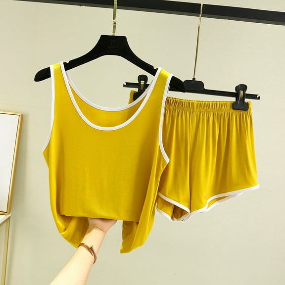Blmnix Pajamas for Women Cotton Pajamas Sleepwear Sets Petite Pajamas Pjs Sleeveless Short Crew Neck Yellow Womens Pajama Shorts,L