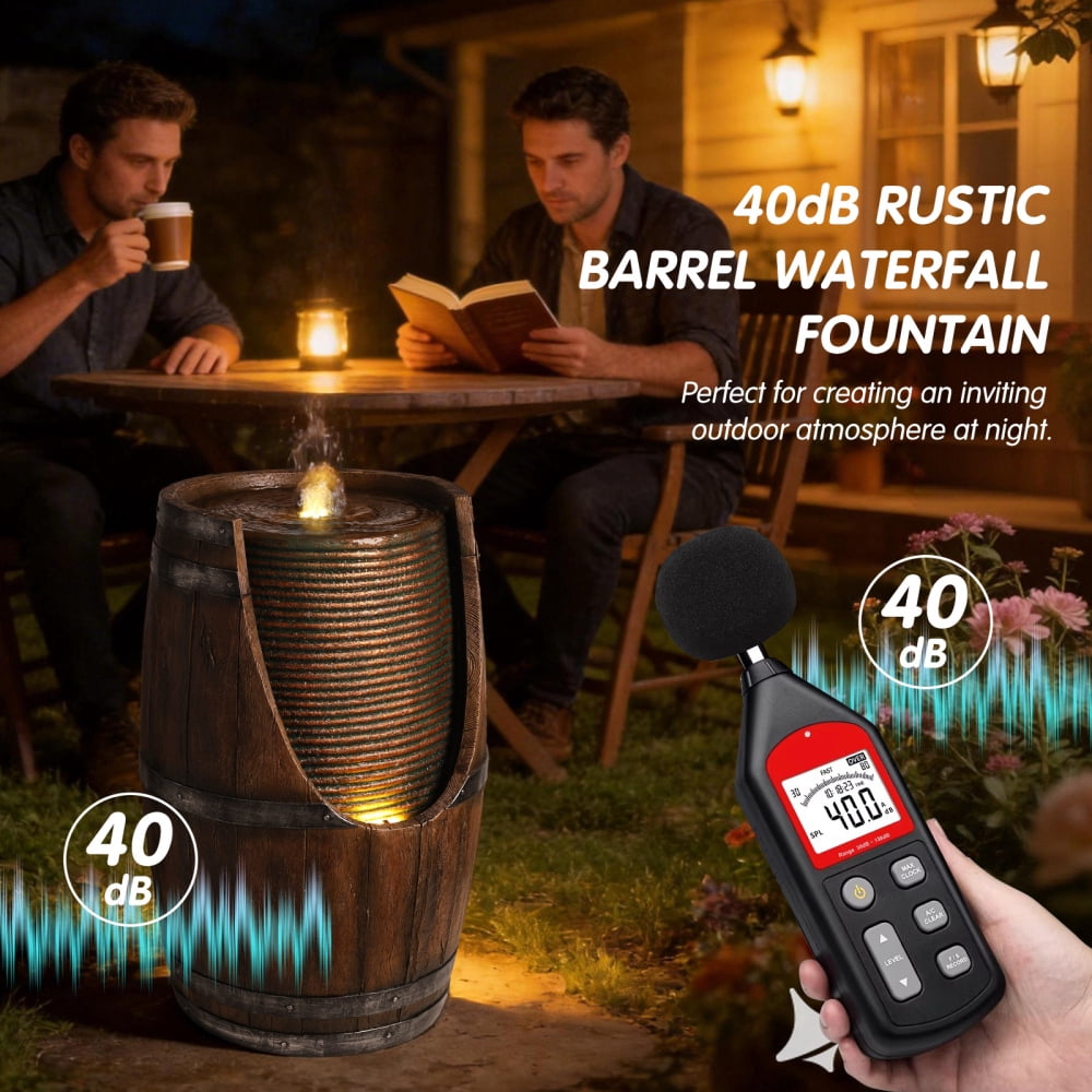 24.8" Barrel Cascading Outdoor Water Fountain with LED Lights, Wood Look Resin Handmade Waterfall Garden Decor for Patio Yard Porch