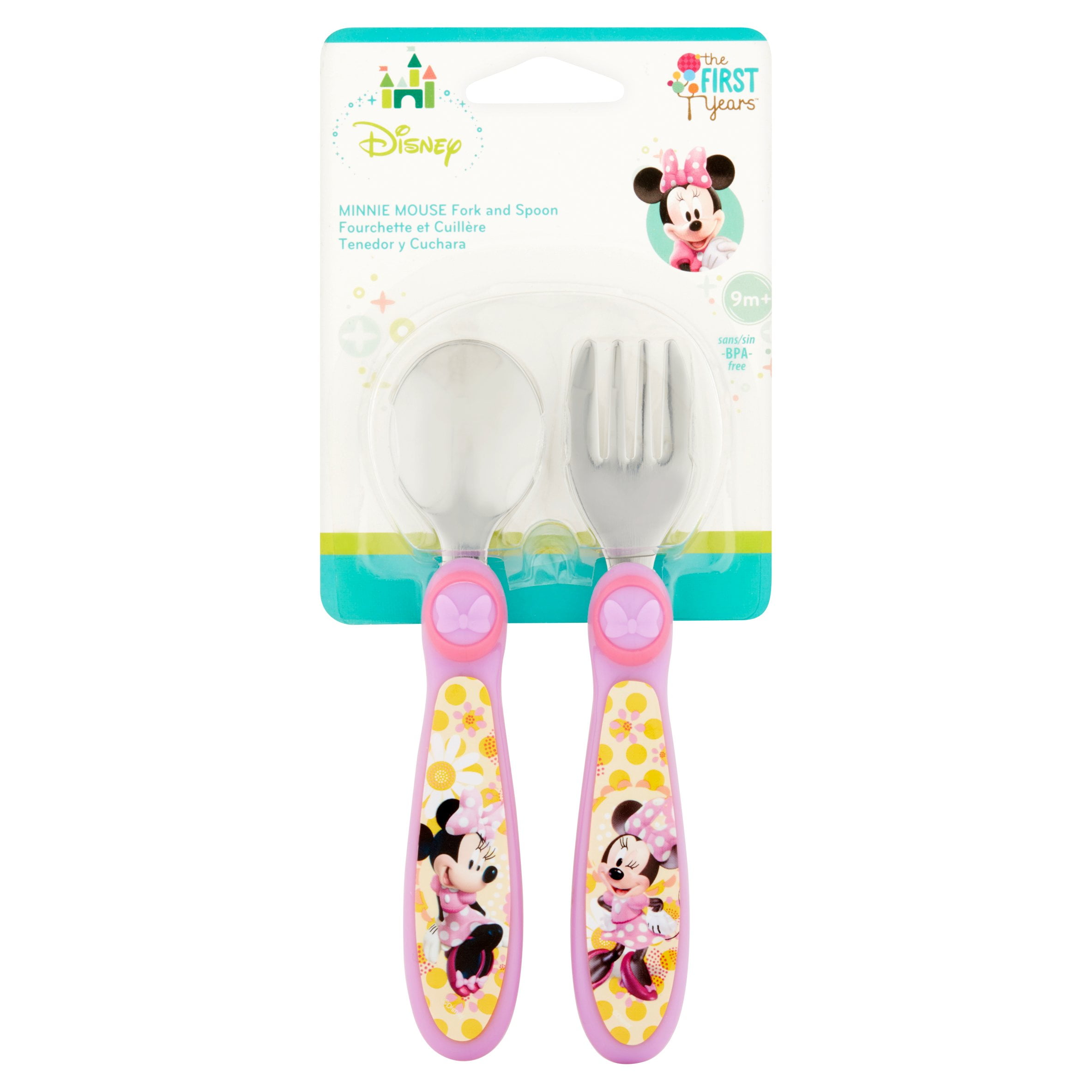 Yellow Baby Kids Minnie Mouse Stainless Steel Flatware Fork and Spoon Set 