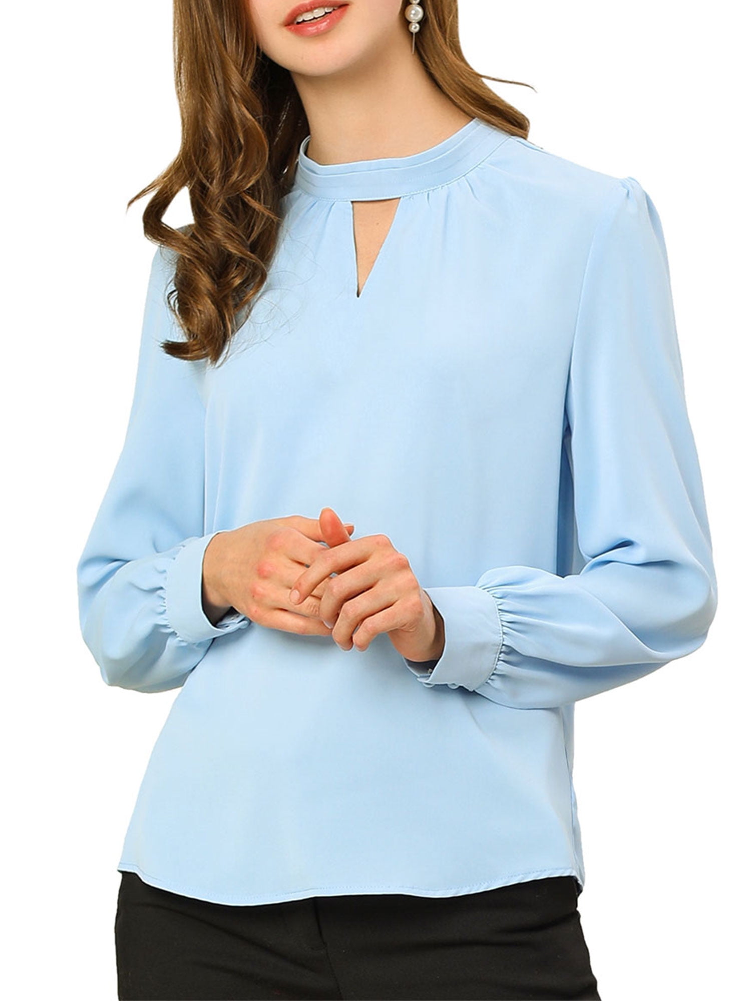 DARING DIVA Women's Stand Collar Long Sleeve Office Blouse XL Light Blue