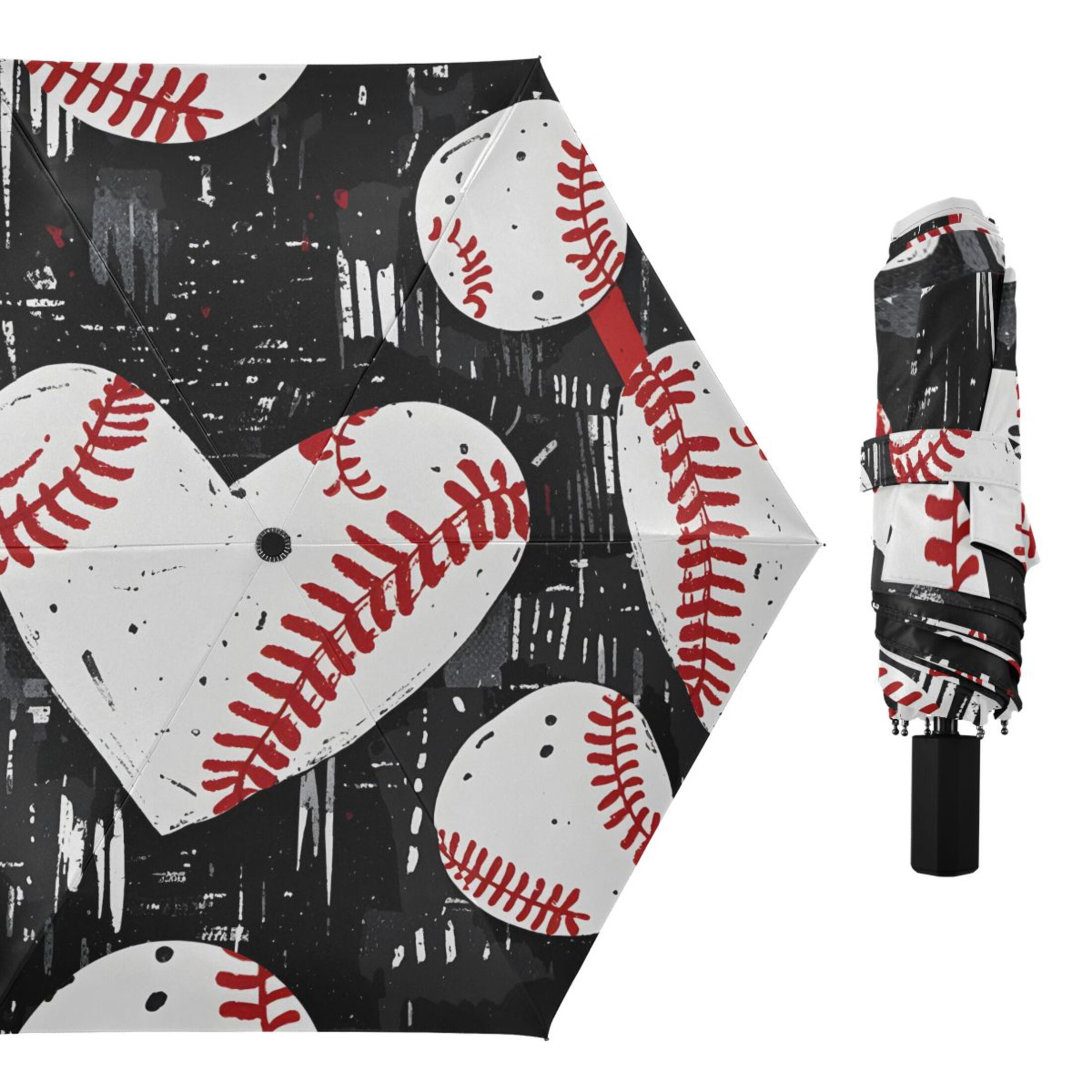 ALAZA Baseball Hearts UPF 50+ Compact Folding Umbrella for Rain Travel Umbrella Packable